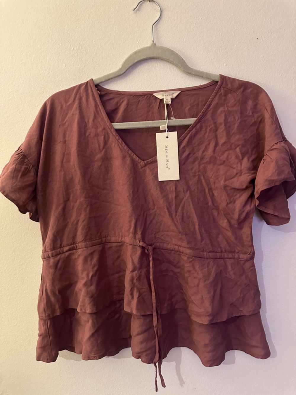 Sim & Sam Mauve V-Neck Ruffle Peplum Blouse with Drawstring